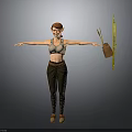 Woman with outstretched arms wearing sports bra dark pants next to potted yellow flower plant