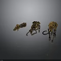 Three Golden Prehistoric Mammoth Skeletons Displayed on Dark Reflective Background