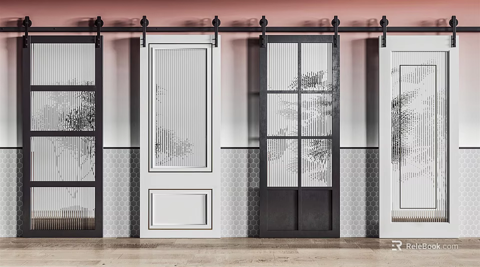 Modern Barn Doors With Sliding Track Featuring Glass Panels And White And Black Frames 3d model 