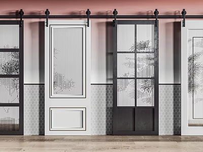 Modern Barn Doors With Sliding Track Featuring Glass Panels And White And Black Frames 3d model