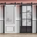 Modern Barn Doors With Sliding Track Featuring Glass Panels And White And Black Frames