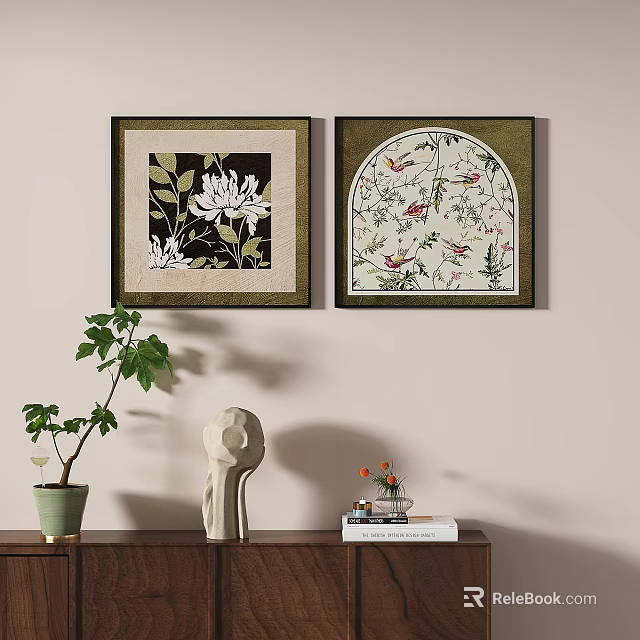 Two Framed Wall Artworks With Green Plant And Sculpture In Modern Interior Decor 3d model 