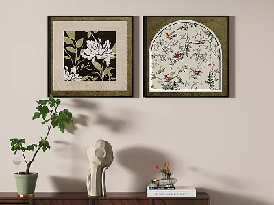Two Framed Wall Artworks With Green Plant And Sculpture In Modern Interior Decor 3d model