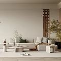 Elegant Modern Living Room Interior With Beige Sofa Green Plants And Lattice Decoration