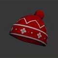 Red Beanie Hat With White Flower Patterns And Top Pom Pom Design 3d model