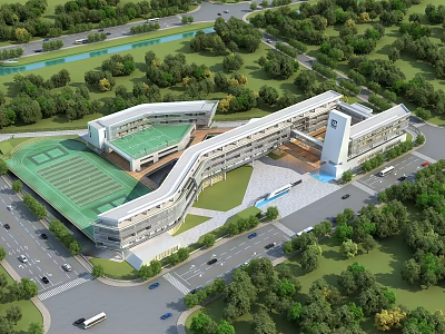 Modern School Building With Green Roof Sports Field Access Road And Surrounding Trees 3d model