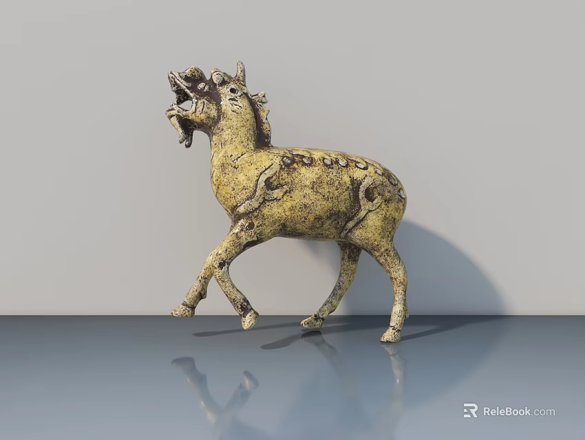 Dynamic Horse Sculpture In Running Pose With Open Mouth And Textured Yellowish Surface 3d model 