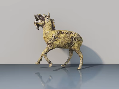 Dynamic Horse Sculpture In Running Pose With Open Mouth And Textured Yellowish Surface 3d model