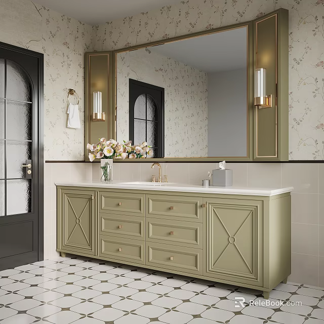Olive Green Bathroom Vanity with Large Mirror Floral Wallpaper and Checkerboard Floor 3d model 