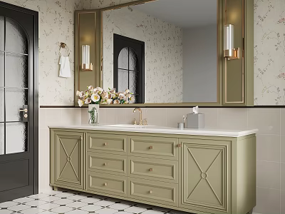 Olive Green Bathroom Vanity with Large Mirror Floral Wallpaper and Checkerboard Floor 3d model
