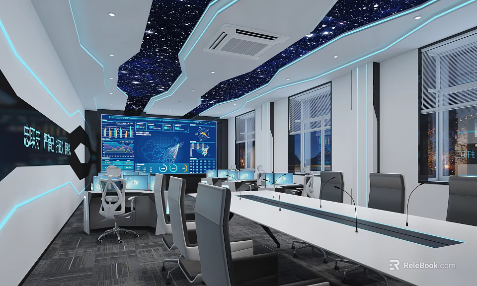 Modern Monitoring Room With Large Screen Data Charts Multiple Computers Starry Ceiling And Blue Lighting 3d model 