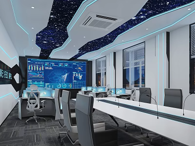 Modern Monitoring Room With Large Screen Data Charts Multiple Computers Starry Ceiling And Blue Lighting 3d model