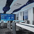 Modern Monitoring Room With Large Screen Data Charts Multiple Computers Starry Ceiling And Blue Lighting