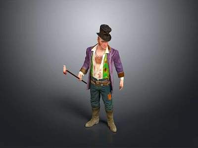 Man With Purple Coat Black Top Hat Green Vest Red Top Cane Against Grey Background 3d model