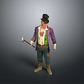 Man With Purple Coat Black Top Hat Green Vest Red Top Cane Against Grey Background