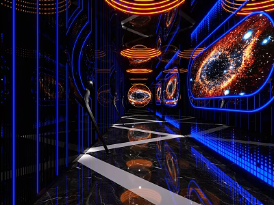 Modern Futuristic KTV Corridor With Neon Lights Starry Sky Screens And Reflective Floors 3d model