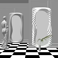 Modern Decorative Mirrors With Swirled Frames In Black And White Checkered Interior 3d model