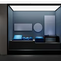 Sleek Display Shelves Featuring LED Lights And Blue Items On Modern Platforms In Retail Store
