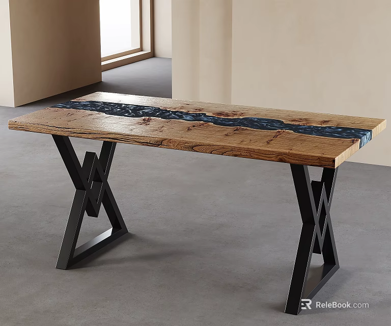 Modern Wooden Dining Table With Dark Resin Inlay And Black X Shaped Metal Legs 3d model 