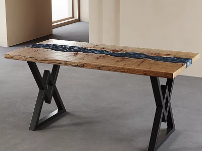 Modern Wooden Dining Table With Dark Resin Inlay And Black X Shaped Metal Legs 3d model