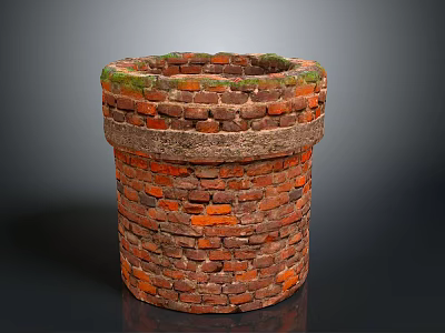 Red Brick Cylindrical Well Structure With Green Moss Top And Stone Edge 3d model