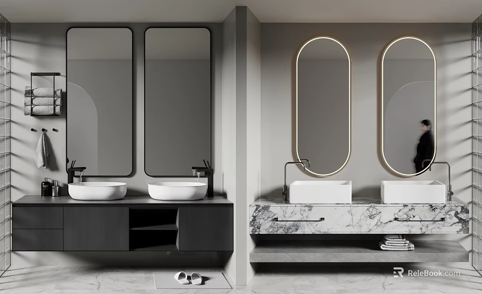 Modern Bathroom Interior Design With Double Washbasin And Marble Countertop Mirrors 3d model 