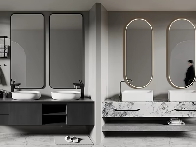 Modern Bathroom Interior Design With Double Washbasin And Marble Countertop Mirrors 3d model