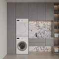 Modern Gray Bathroom Cabinet With Marble Backsplash Stackable Washing Machines And Open Storage Shelves