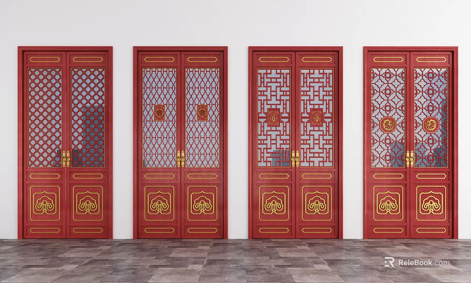Chinese Traditional Red Wooden Double Doors With Golden Accents And Lattice Patterns 3d model 