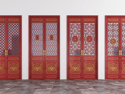 Chinese Traditional Red Wooden Double Doors With Golden Accents And Lattice Patterns 3d model