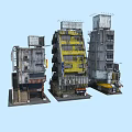 Futuristic Cyberpunk Cityscape Featuring Tall Industrial Buildings With Antennas And Ground Level Shops