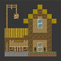 Pixel Style Wooden House With Yellow Roof Balcony Street Lamp And Green Grass