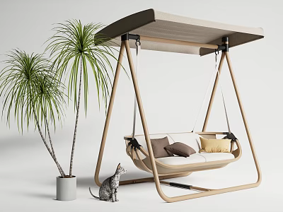 Modern Wooden Frame Hanging Chair With Canopy And Cozy Cushions Near Palm Trees 3d model