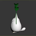 Cute White Game Movie Character With Pointed Ears Big Eyes And Green Leaf Plant
