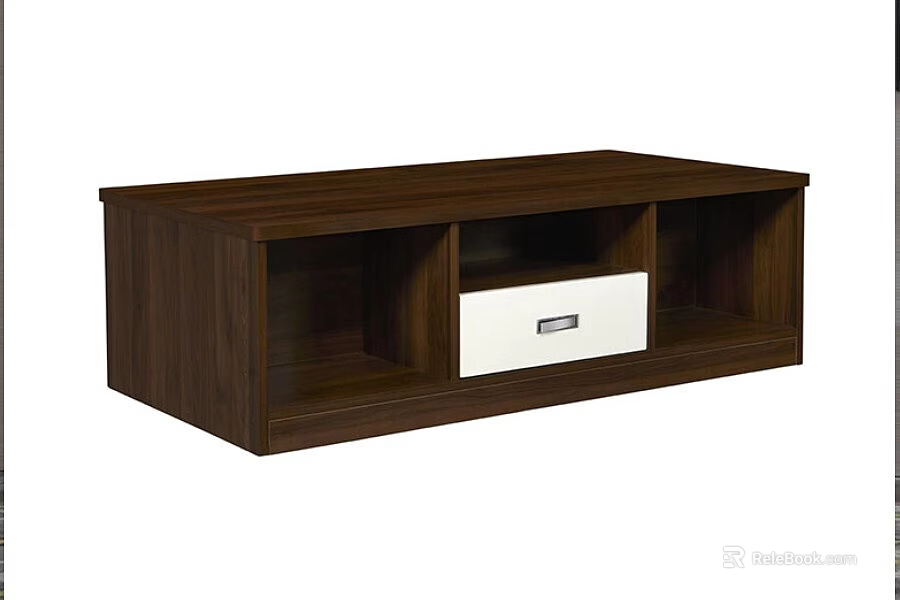 Modern Walnut Wooden Coffee Table With Open Compartments And White Drawer 3d model 