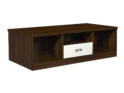 Modern Walnut Wooden Coffee Table With Open Compartments And White Drawer 3d model