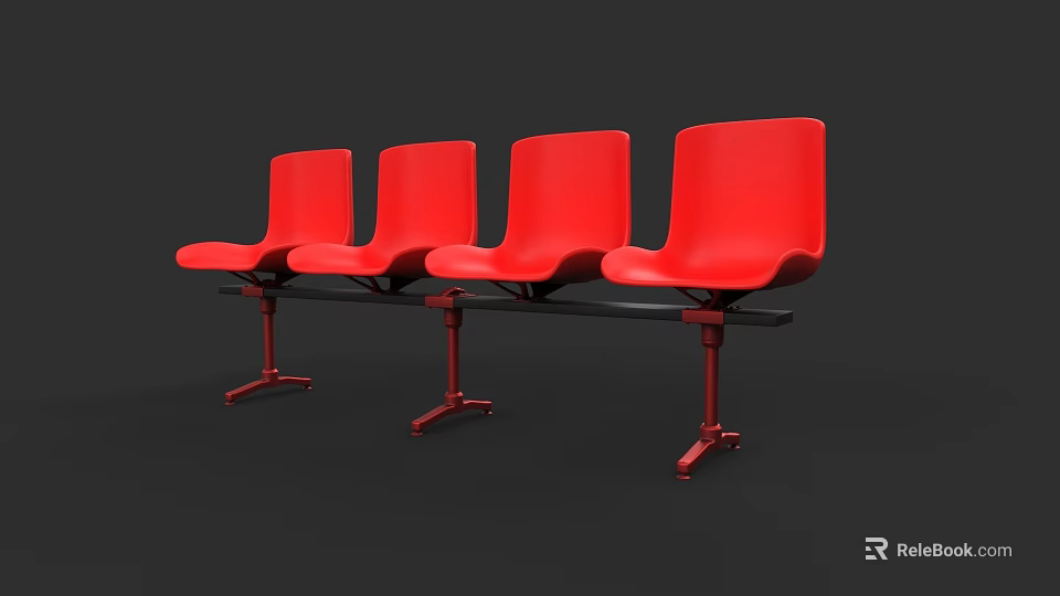 Four Red Public Chairs Connected in a Row with Black Frames 3d model 