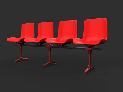 Four Red Public Chairs Connected in a Row with Black Frames 3d model