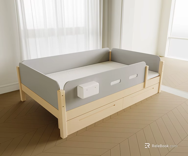 Modern Wooden Kids Bed With Grey Guardrails And Underbed Storage Drawers 3d model 