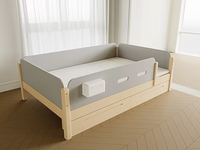 Modern Wooden Kids Bed With Grey Guardrails And Underbed Storage Drawers 3d model