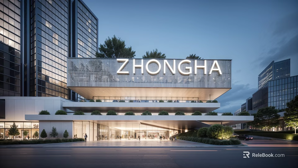 Modern Sales Office Building Architecture Featuring ZHONGHA Signage Illuminated Glass Facade and Surrounding Urban Greenery 3d model 