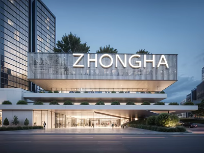 Modern Sales Office Building Architecture Featuring ZHONGHA Signage Illuminated Glass Facade and Surrounding Urban Greenery 3d model