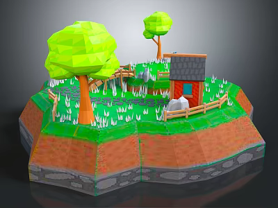 Cartoon Scenic Landscape with Green Trees Small Cottage Grass Fence and Stones 3d model