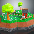 Cartoon Scenic Landscape with Green Trees Small Cottage Grass Fence and Stones