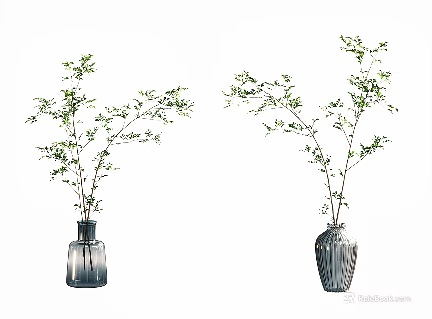 Two Decorative Vases With Green Foliage Branches For Home Decor 3d model