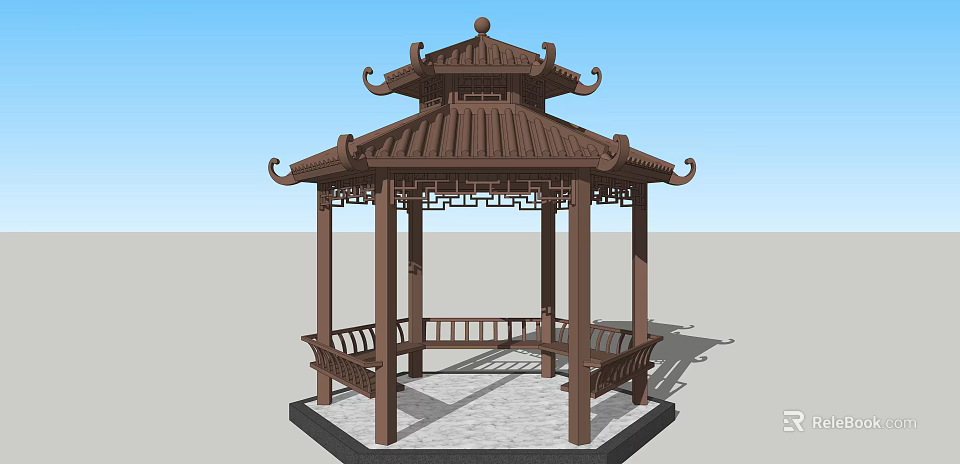 Ornate Traditional Chinese Pavilion With Curved Eaves Carved Roof And Benches 3d model 