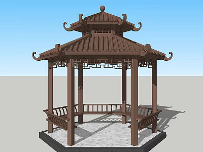 Ornate Traditional Chinese Pavilion With Curved Eaves Carved Roof And Benches 3d model