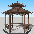 Ornate Traditional Chinese Pavilion With Curved Eaves Carved Roof And Benches