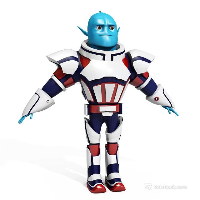 Blue Doll in White Red and Blue Armor Standing Pose with Blue Hands and Face 3d model 