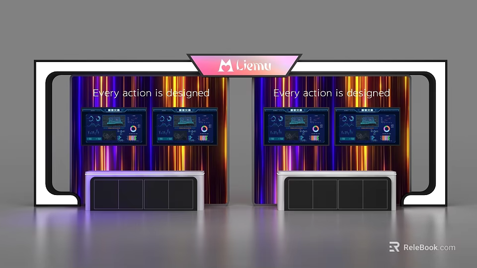 Black Display Shelves With Purple Yellow Striped Walls And Pink Menu Sign Above Digital Screens 3d model 